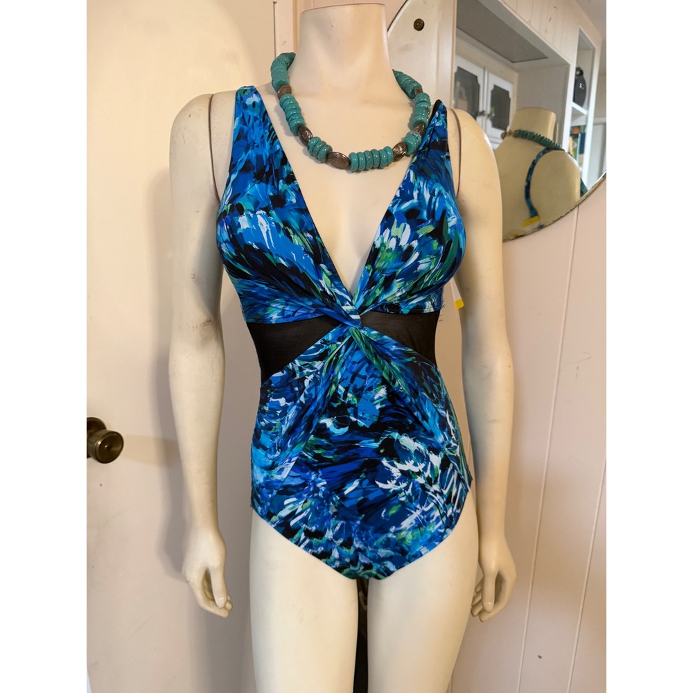 Miradonna by Miraclesuit Blue Abstract Mesh One Piece Swimsuit Size 6 NWT